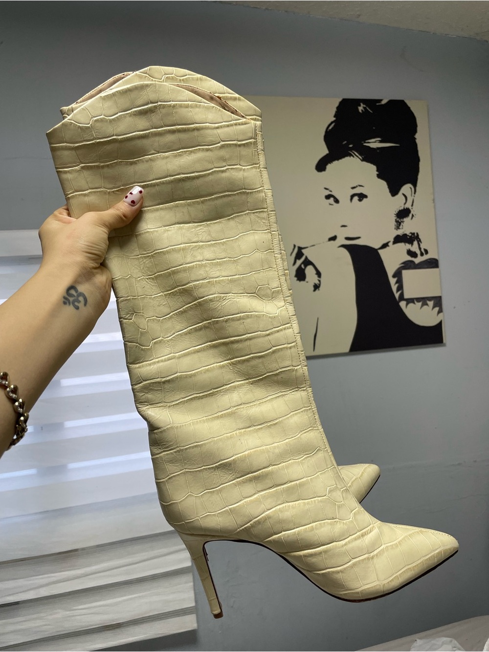 SHUTZ Cream Croc-Textured leather Knee-High Stiletto Booties